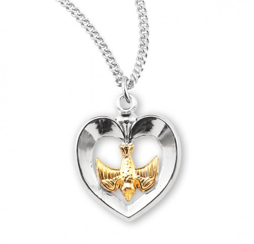 Holy Spirit two-tone open heart pendant. 3/4" Sterling Silver  heart with Holy Spirit Center Medal comes on an 18" genuine rhodium platedcurb chain. Medal comes in a deluxe gift box. Dimensions: 0.8" x 0.5" (19mm x 12mm). Made in USA