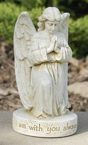Bereavement statue of an angel on one knee with hands together in prayer. The base of the statue reads, "I am with you always."