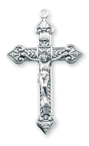 2.1" x 1.3" Men's Leaf Design Sterling Silver Crucifix comes on a genuine 24" Genuine rhodium plated endless curb chain in a deluxe velour gift box. Made in the USA
