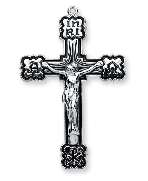 Sterling Silver Black Enamel Alpha and Omega Crucifix Pendant 