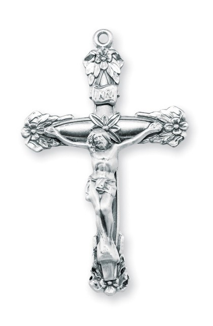 1 13/16" Floral design  sterling silver crucifix with a 24" genuine rhodium plated chain in a deluxe velour gift box.