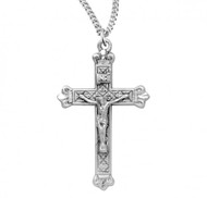 1" Sterling Silver Budded tip crucifix pendant. sterling silver crucifix comes on an 18" genuine rhodium curb chain. Dimensions: 1.2" x 0.7" (30mm x 18mm).  Crucifix presents in a deluxe velour gift box. Made in the USA
