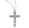 1 1/8" Floral engraved crucifix pendant.  Crucifix comes with a 18" genuine rhodium plated chain. Dimensions: 1.1" x 0.6" (28mm x 16mm). Floral Crucifix comes in a deluxe velour gift box.  Made in USA.