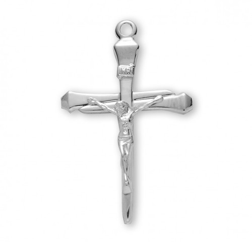 1 3/8" Men's High Polish Sterling Silver or Gold over Sterling Silver nail crucifix. Nail Crucifix comes with 24" genuine rhodium or gold plated curb chain. Nail crucifix comes in a deluxe velour gift box.  Dimensions: 1.4" x 0.9" (35mm x 22mm). Made in the USA