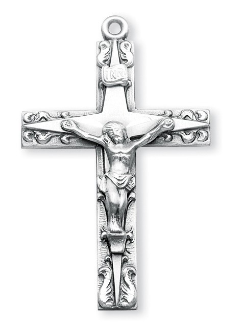 Sterling Silver Crucifix Pendant- 1 7/8" Men's ornamental sterling silver starburst design crucifix with 24" genuine rhodium plated chain in a deluxe velour gift box.