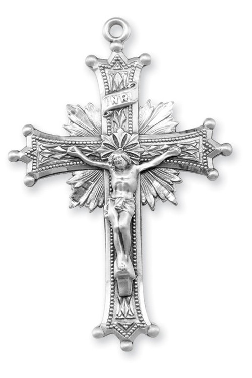 2 1/4" Men's Sun Burst Sterling Silver Crucifix Pendant. This sterling silver sunburst crucifix pendant comes with a 24" genuine rhodium plated endless curb chain.  Crucifix comes in a deluxe velour gift box.