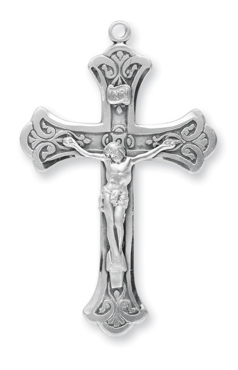 2 1/8" Men's decorative sterling silver crucifix with 24" genuine rhodium plated chain in a deluxe velour gift box.