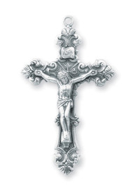 Sterling Silver Crucifix Pendant- 1 3/4" Men's Filigree Scroll Relief Design Crucifix in sterling silver.  Crucifix comes on a 24 inch genuine rhodium plated endless curb chain. Crucifix comes in a deluxe velour gift box. Made in the USA