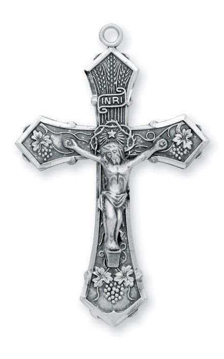 Sterling Silver Crucifix Pendant with Grapes and Wheat 