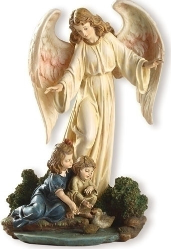 Angel with spread wings standing over two children and duck
