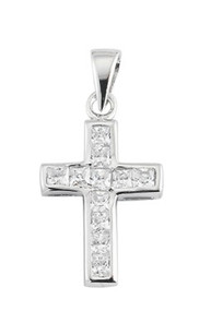 Sterling Silver Cubic Zircon Cross ~ 5/8" Sterling silver cubic zircon cross with 11 set crystal zircons on a genuine 18 inch rhodium plated chain in a deluxe velour gift box.