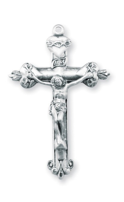 1 5/8" Sterling silver scared heart crucifix on a 24 inch genuine rhodium chain in a deluxe velour gift box.