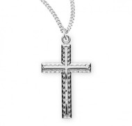 1" Women's Etched sterling silver cross on an 18" genuine rhodium plated chain. Cross and chain present in a deluxe velour gift box. Dimensions: 1.0" x 0.6" (26mm x 15mm). Made in the USA
