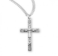 1 1/8" Sterling Silver  Cross. An 18" Rhodium  Plated Curb Chain is Included.  Cross presents in a  Deluxe Velour Gift Box. Dimensions: 1.1" x 0.6" (28mm x 16mm).  Made in the USA