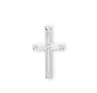 1" Sterling silver engraved cross pendant on an 18" rhodium plated chain in a deluxe velour gift box. Dimensions: 1.0" x 0.6" (26mm x 14mm). Made in USA.