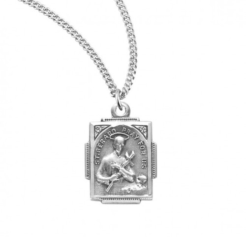 3/4" Square sterling silver Saint Gerard Medal on a rhodium plated 18" chain in a deluxe velour gift box. Saint Gerard is the patron saint of pregnancy and safe delivery.  Dimensions: 0.8" x 0.5" (19mm x 13mm).  18" Genuine rhodium plated curb chain.  Weight of medal: 2.2 Grams.  Comes in a deluxe velvet gift box. Made in USA. 