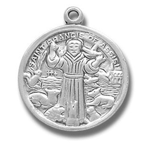 Saint Francis Medal ~ 7/8" Sterling silver St. Francis medal on an 18" inch chain in a deluxe velour gift box.