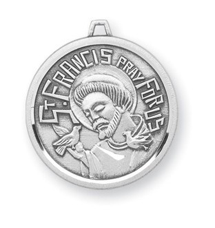 St. Francis Medal ~ 15/16" Contemporary Round sterling silver St. Francis Medal. Medal comes on a 18" rhodium plated chain.  A deluxe velour gift box is included.