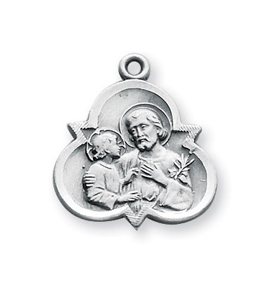 7/8" Saint Joseph trinity symbol medal-pendant. Detail depicts him holding the Infant Jesus. Pendant comes on an 18" Genuine rhodium plated curb chain. Made in USA. Comes in a deluxe velour gift box. 