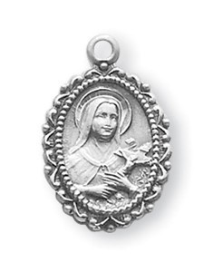 Sterling Silver Saint Therese Medal ~ 5/8" Sterling silver St. Therese Medal on an 18" rhodium plated chain in a deluxe velour gift box.