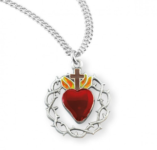 1" Sterling silver crown of thorns with enameled red heart on an 20" rhodium plated chain in a deluxe velour gift box. Made in the USA