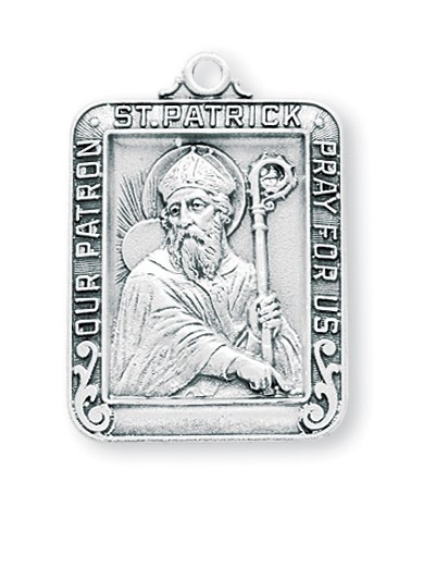 1 1/8" Sterling silver square St. Patrick Medal on a 24" rhodium plated chain in a deluxe velour gift box.