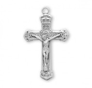 1 1/4" Solid .925 Sterling silver Intricate Lined Crucifix. Intricate line crucifix comes on a 20" rhodium plated chain. Crucifix comes in a deluxe velour gift box.  Dimensions: 1.3" x 0.8" (33mm x 20mm).  Made in the USAA