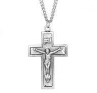 Engraved Wide Crucifix Pendant. Crucifix is a solid .925 Sterling silver.  Engraved Wide crucifix on a 24" rhodium plated endless curb chain. Dimensions: 1.3" x 0.8" (33mm x 20mm). Weight of medal: 4.0 Grams. Engraved wide crucifix comes in a deluxe velour gift box.