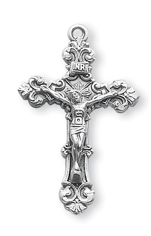Sterling Silver Fancy Filigree Crucifix.  Solid .925 sterling silver.  Dimensions: 1.3" x 1.0" (33mm x 20mm). Weight of medal: 4.5 Grams. 18" Genuine rhodium plated curb chain. Made in the USA.  Comes in a deluxe gift box. 