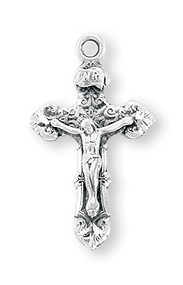Sterling Silver Crucifix Pendant ~ 7/8" Women's sterling silver intricate crucifix pendant on an 18" rhodium or gold plated chain in a deluxe velour gift box.