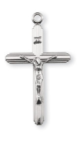 Inlayed crucifix pendant.
Solid .925 sterling silver.
Dimensions: 1.7" x 1.0" (43mm x 25mm)
Weight of medal: 2.0 Grams.
24" Genuine rhodium plated endless curb chain.
Made in USA.
Deluxe velvet gift box.