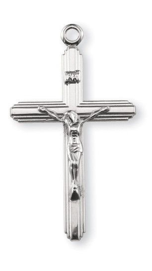 Inlayed crucifix pendant.
Solid .925 sterling silver.
Dimensions: 1.7" x 1.0" (43mm x 25mm)
Weight of medal: 2.0 Grams.
24" Genuine rhodium plated endless curb chain.
Made in USA.
Deluxe velvet gift box.