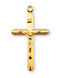 Gold Plated Inlayed crucifix pendant.
16K Gold over Solid .925 sterling silver.
Dimensions: 1.7" x 1.0" (43mm x 25mm)
Weight of medal: 2.0 Grams.
24" Genuine gold plated endless curb chain.
Made in USA.
Deluxe velvet gift box.