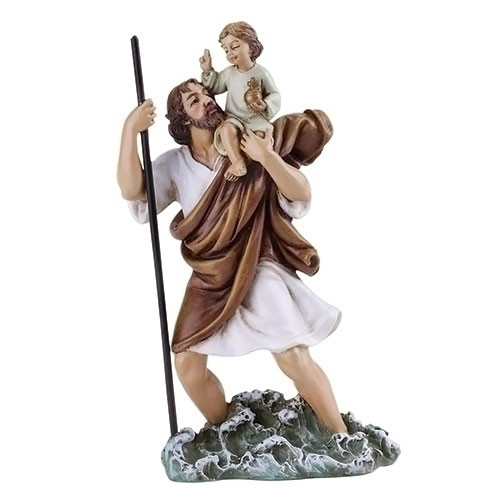 Saint Christopher 4" statue.  Patron Saint of Hazardous Travel & Athletes. Resin/Stone Mix. Dimensions:  4"H x 2.5"W x 1.125"D