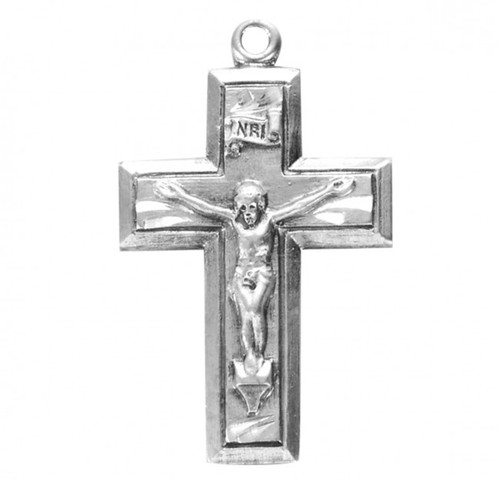 Sterling Silver wide etched crucifix comes on an 18" rhodium  plated curb chain. Wide etched crucifix comes in a deluxe velour gift box. Dimensions: 0.9" x 0.6" (22mm x 14mm).  Made in the USA