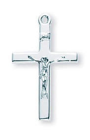 Sterling Silver Crucifix Pendant - High Polished Sterling Silver Crucifix Pendant. Dimensions are: 1.1" x 0.7". Crucifix comes on a 20" genuine rhodium plated curb change. Included is a deluxe velvet gift box and made in the USA!