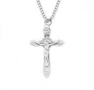 Sterling Silver Intricate Crucifix on an 18" rhodium curb chain. Intricate crucifix comes in a deluxe velour gift box. Dimensions: 1.0" x 0.6" (26mm x 15mm).  Weight of medal: 1.1 Grams. Made in USA.