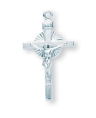 Sterling Silver Crucifix Pendant-1 1/8" Sterling Silver adorned Crucifix on an 18" genuine rhodium or gold plated chain in a deluxe velour gift box.