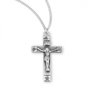 1" Sterling silver or 16kt Gold over solid sterling silver floral tipped crucifix.  Floral tipped  crucifix comes on an 18" genuine rhodium or gold plated chain. Floral tipped crucifix comes in a deluxe velour gift box.