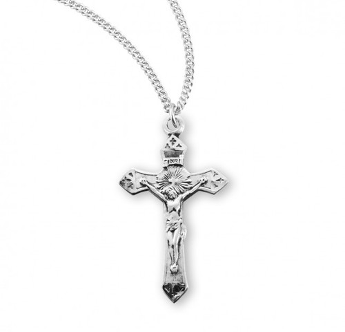 1 1/8" Sterling silver Sun burst crucifix pendant. Crucifix comes on an 18" rhodium plated curb chain.  Sterling Silver Sun burst crucifix pendant comes in a deluxe velour gift box. Dimensions: 1.1" x 0.7" (29mm x 17mm). Made in the USA.