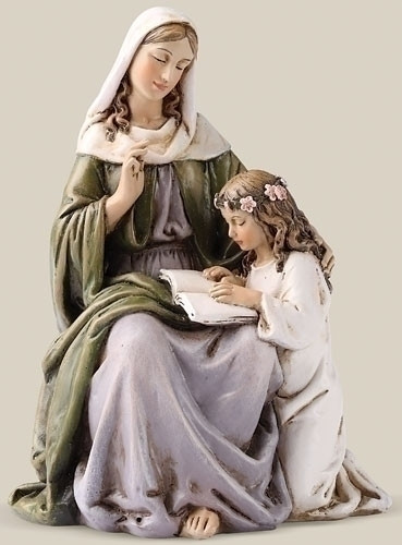4.5"H St Anne Statue. Patron Saint of Mothers.  Resin/Stone Mix. Dimensions:  4.5"H x 3.13"W x 2.5"D 