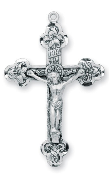 1 7/8"  Reliefed leaf sterling silver crucifix pendant on a 24" rhodium plated curb chain in a deluxe velour gift box.