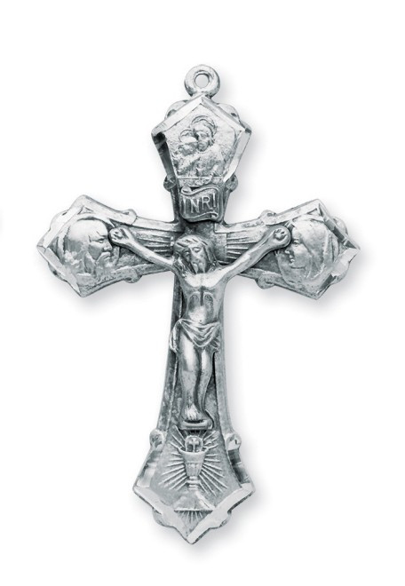 Sterling silver 1 3/4" Jesus, Mary, and Joseph crucifix pendant on a 24" Genuine rhodium plated endless curb chain. Crucifix comes in a deluxe velour gift box. Made in the USA.
