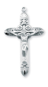 1 15/16" Men's sterling silver decorated crucifix on a 24" rhodium plated chain in a deluxe velour gift box.