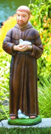 29"H Saint Francis with Birds Handcrafted Cement Outdoor Statue. Available in Detailed Stain or Natural Cement color.  Details:  Height: 30", Weight: 65lbs, B: 7.5 sq". Allow 4-6 weeks for delivery. Made in the USA!