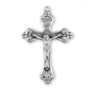 Men's Baroque Scroll Tipped Sterling Silver Crucifix sterling silver crucifix on a 24" Genuine rhodium plated endless curb chain. Comes in a deluxe velour gift box. Made in the USA