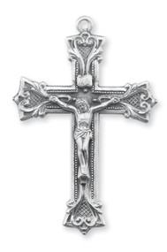 2.3" x 1.5" Gothic Scroll Style Sterling Silver Crucifix on a 24" Genuine rhodium plated endless curb chain. Comes in a deluxe velour gift box. Made in the USA