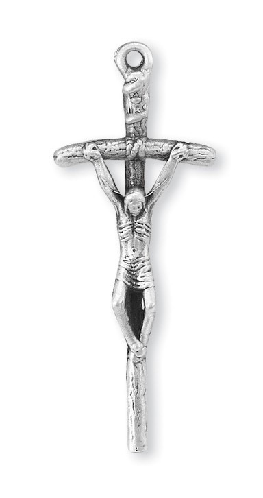 Men's Sterling Silver Papal Crucifix ~ 1 13/16" Sterling Silver Papal Crucifix. .954 Solid Sterling Silver.    A 24" Rhodium Plated Chain is Included with a Deluxe Velour Gift Box.