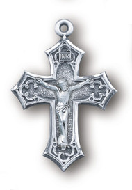 1 1/2" Gothic Style sterling silver Crucifix. This Gothic Style Crucifix has a 24" genuine rhodium plated chain.  Crucifix comes in a deluxe velour gift box.