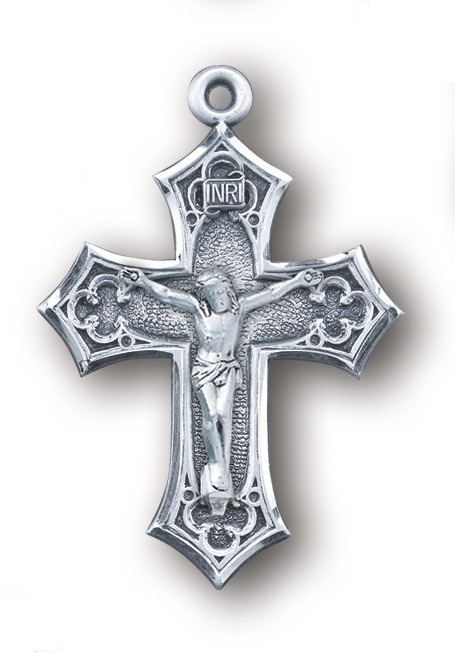 1 1/2" Gothic Style sterling silver Crucifix. This Gothic Style Crucifix has a 24" genuine rhodium plated chain.  Crucifix comes in a deluxe velour gift box.